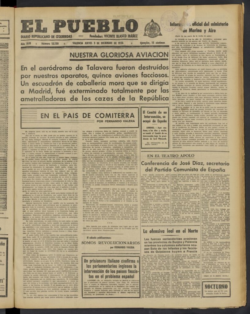 Miniatura de El Pueblo : Diario republicano de Valencia del 3 de diciembre de 1936, nº 15.130