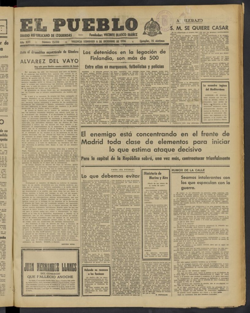 Miniatura de El Pueblo : Diario republicano de Valencia del 6 de diciembre de 1936, nº 15.133