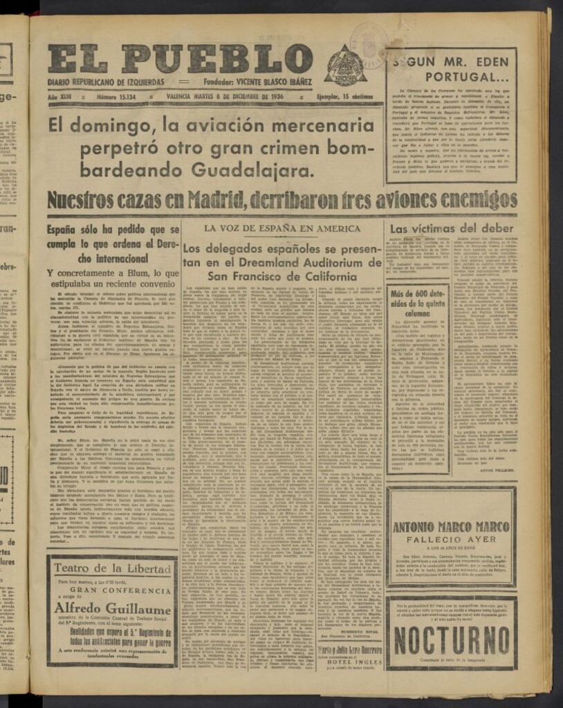 Miniatura de El Pueblo : Diario republicano de Valencia del 8 de diciembre de 1936, nº 15.134