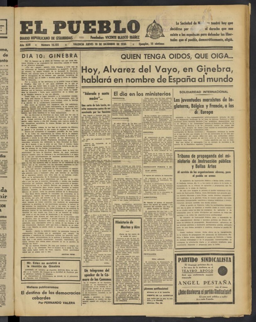 Miniatura de El Pueblo : Diario republicano de Valencia del 10 de diciembre de 1936, nº 15.135