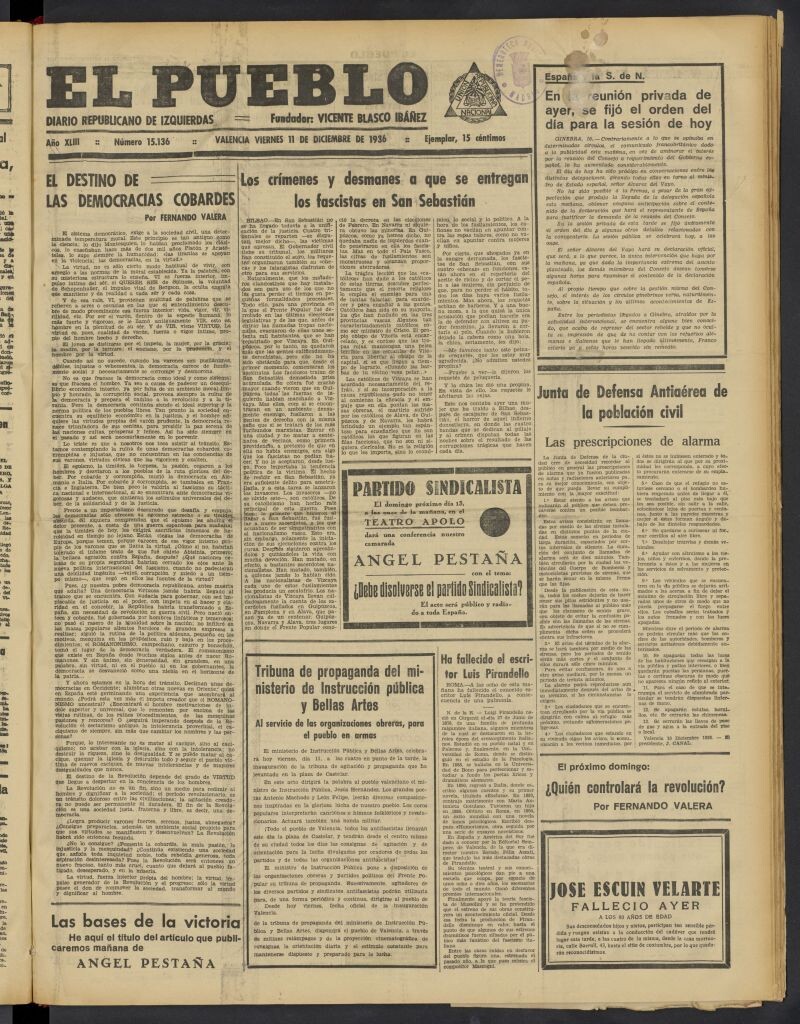 Miniatura de El Pueblo : Diario republicano de Valencia del 11 de diciembre de 1936, nº 15.136