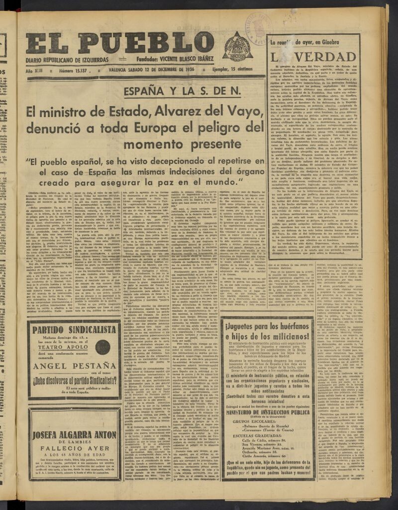 Miniatura de El Pueblo : Diario republicano de Valencia del 12 de diciembre de 1936, nº 15.137