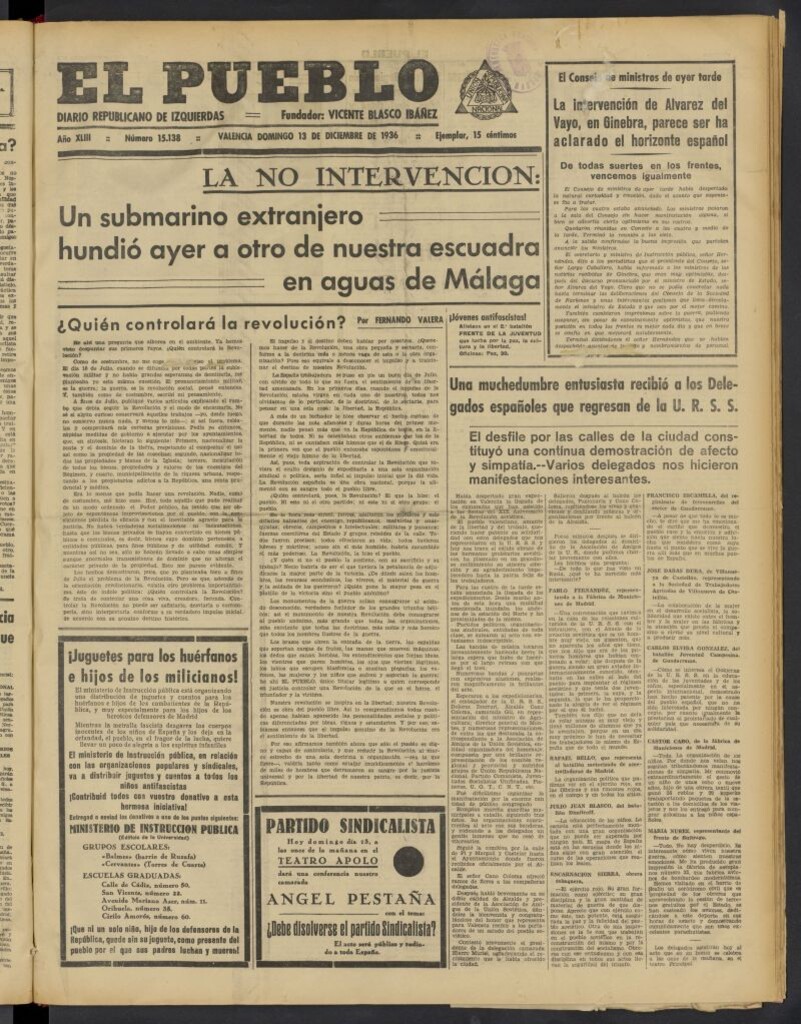 Miniatura de El Pueblo : Diario republicano de Valencia del 13 de diciembre de 1936, nº 15.138
