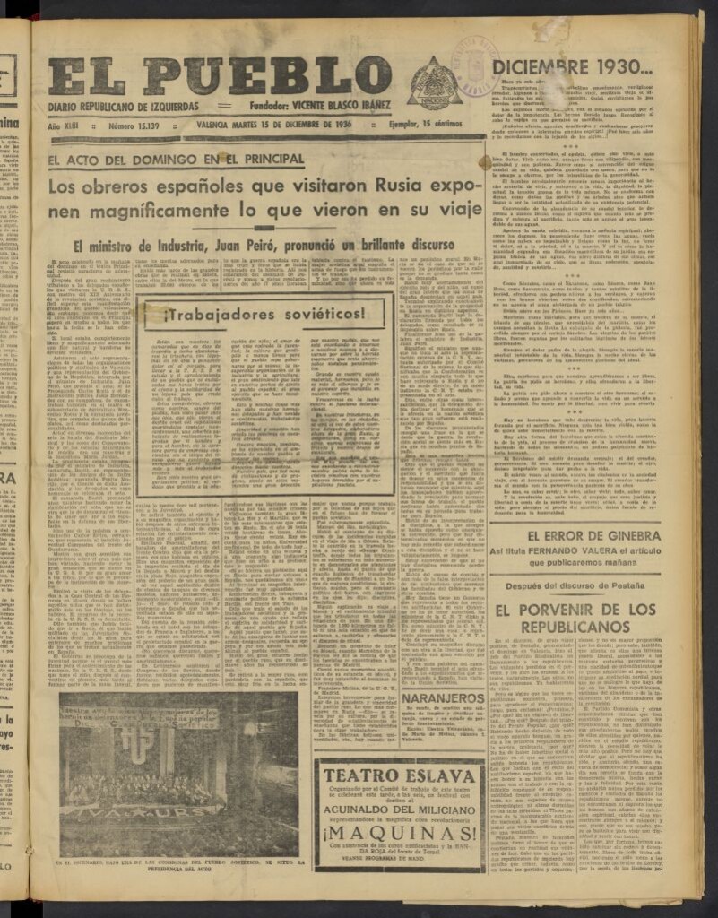 Miniatura de El Pueblo : Diario republicano de Valencia del 15 de diciembre de 1936, nº 15.139