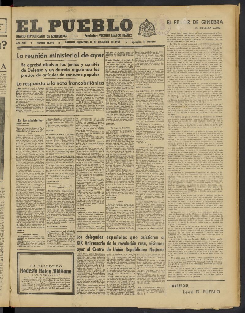 Miniatura de El Pueblo : Diario republicano de Valencia del 16 de diciembre de 1936, nº 15.140