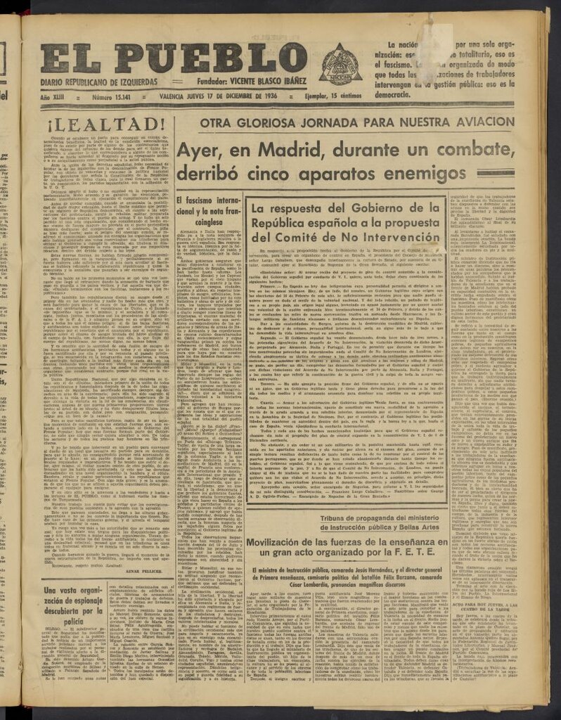 Miniatura de El Pueblo : Diario republicano de Valencia del 17 de diciembre de 1936, nº 15.141