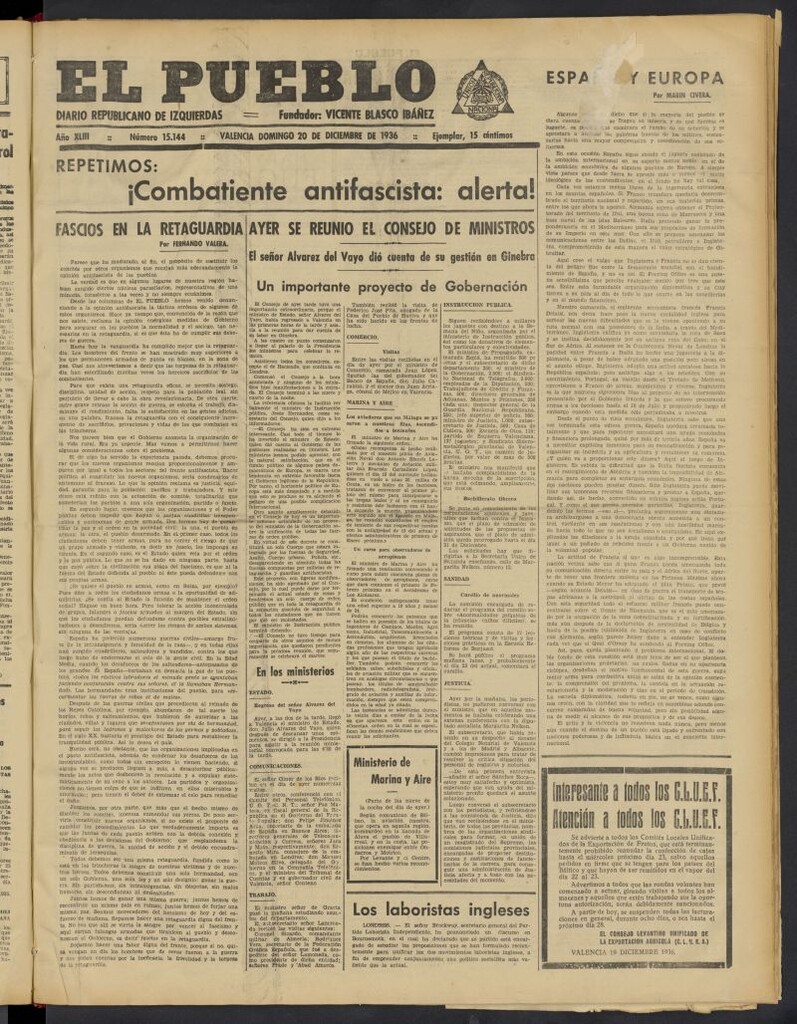 Miniatura de El Pueblo : Diario republicano de Valencia del 20 de diciembre de 1936, nº 15.144