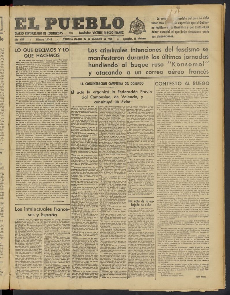 Miniatura de El Pueblo : Diario republicano de Valencia del 22 de diciembre de 1936, nº 15.145