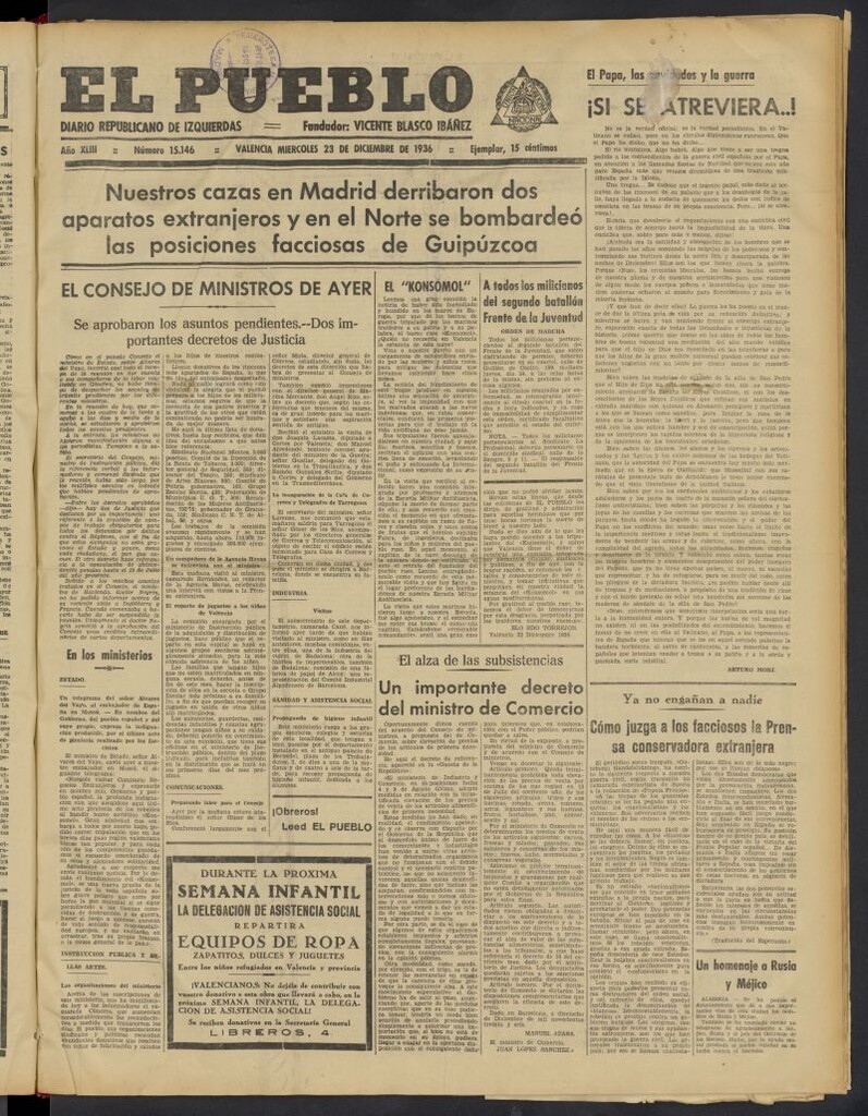Miniatura de El Pueblo : Diario republicano de Valencia del 23 de diciembre de 1936, nº 15.146
