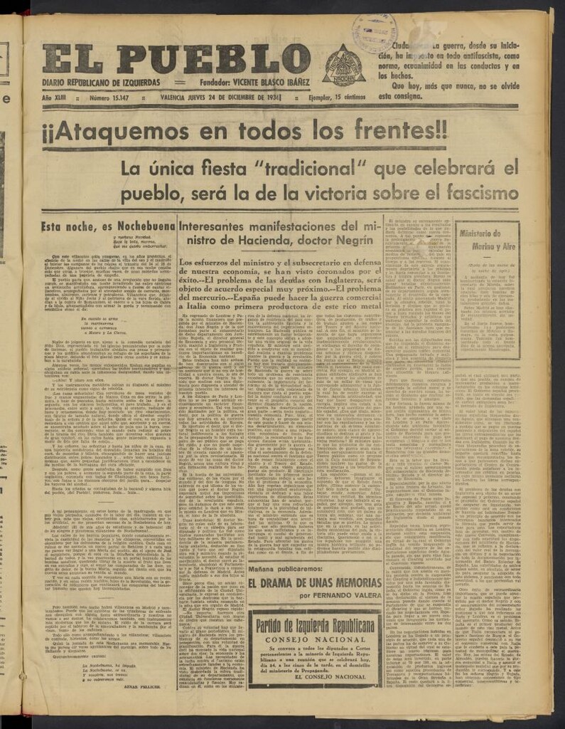 Miniatura de El Pueblo : Diario republicano de Valencia del 24 de diciembre de 1936, nº 15.147