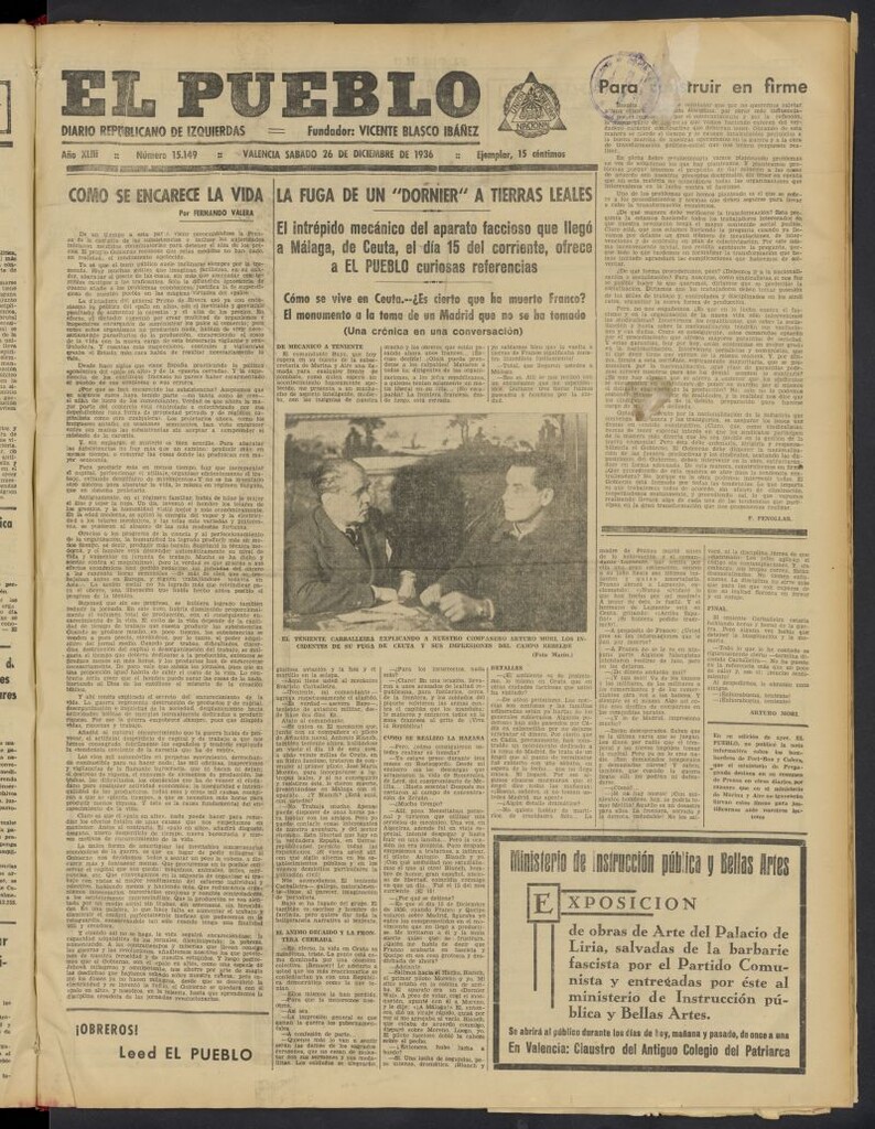 Miniatura de El Pueblo : Diario republicano de Valencia del 26 de diciembre de 1936, nº 15.149