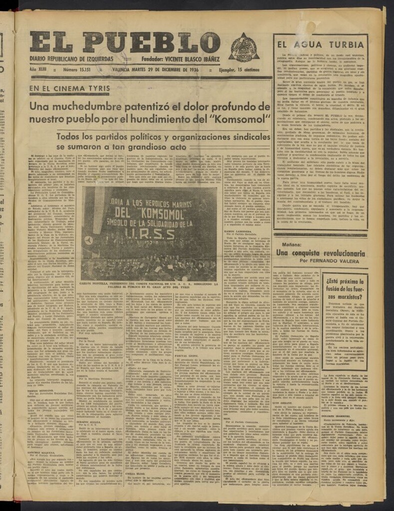 Miniatura de El Pueblo : Diario republicano de Valencia del 29 de diciembre de 1936, nº 15.151