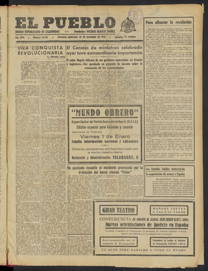Miniatura de El Pueblo : Diario republicano de Valencia del 30 de diciembre de 1936, nº 15.152