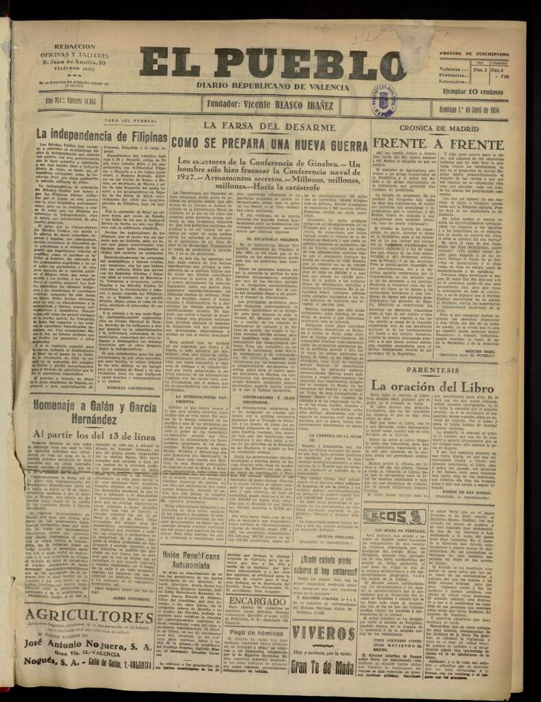 Miniatura de El Pueblo : Diario republicano de Valencia del 1 de abril de 1934, nº 14.344