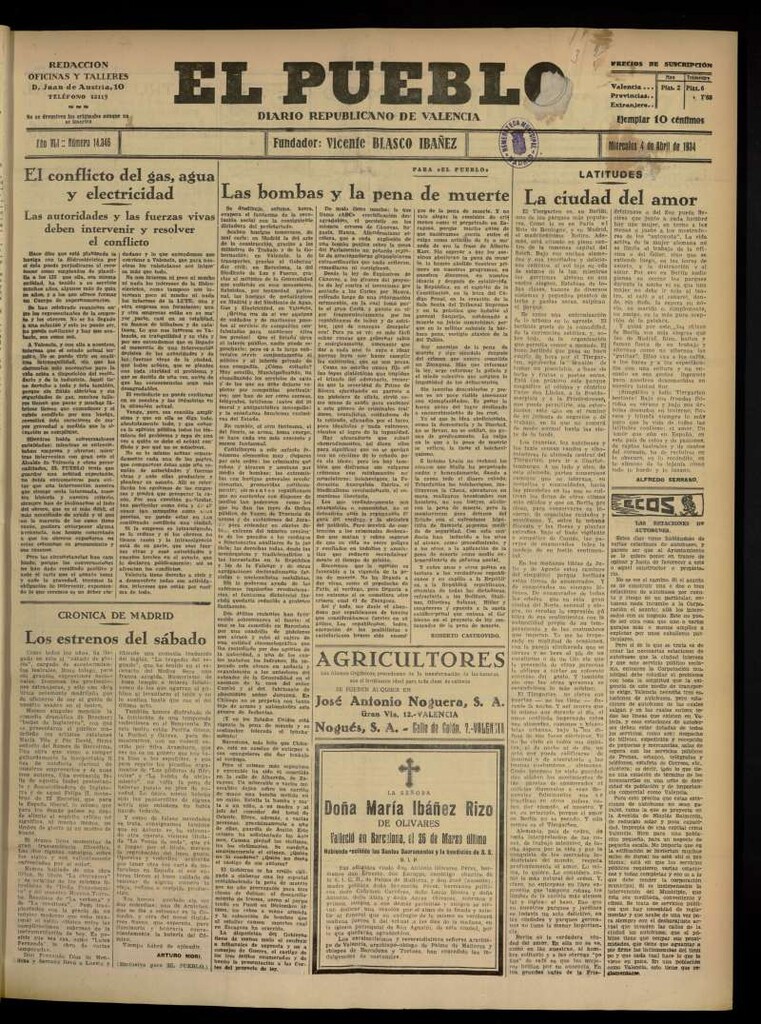 Miniatura de El Pueblo : Diario republicano de Valencia del 4 de abril de 1934, nº 14.346