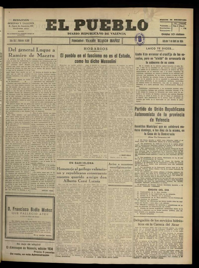Miniatura de El Pueblo : Diario republicano de Valencia  del 7 de abril de 1934, nº 14.349