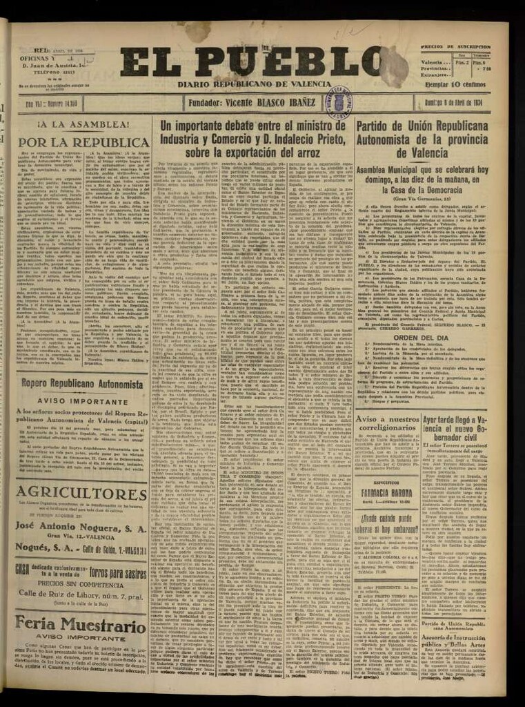 Miniatura de El Pueblo : Diario republicano de Valencia  del 8 de abril de 1934, nº 14.350