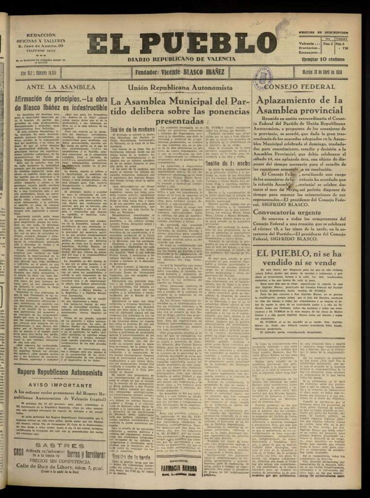 Miniatura de El Pueblo : Diario republicano de Valencia  del 10 de abril de 1934.nº 14.351