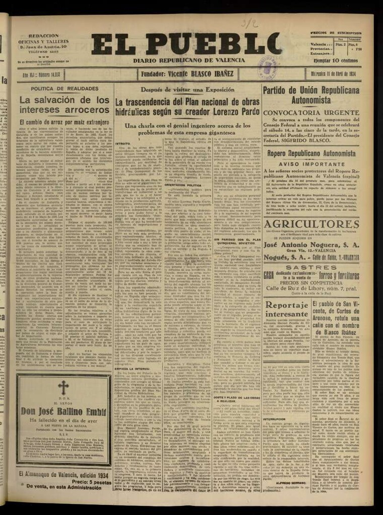 Miniatura de El Pueblo : Diario republicano de Valencia  del 11 de abril de 1934, nº 14.352