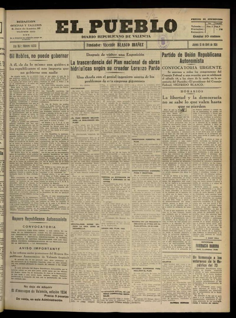 Miniatura de El Pueblo : Diario republicano de Valencia  del 12 de abril de 1934, nº 14.353