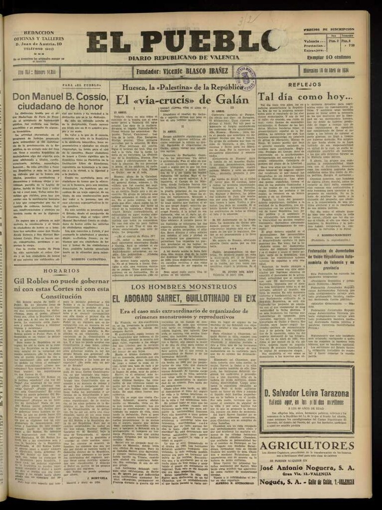 Miniatura de El Pueblo : Diario republicano de Valencia  del 18 de abril de 1934, nº 14.358