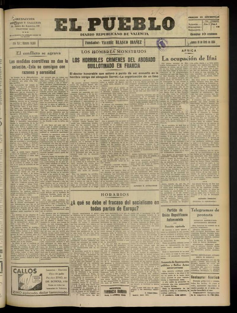 Miniatura de El Pueblo : Diario republicano de Valencia  del 19 de abril de 1934, nº 14.359