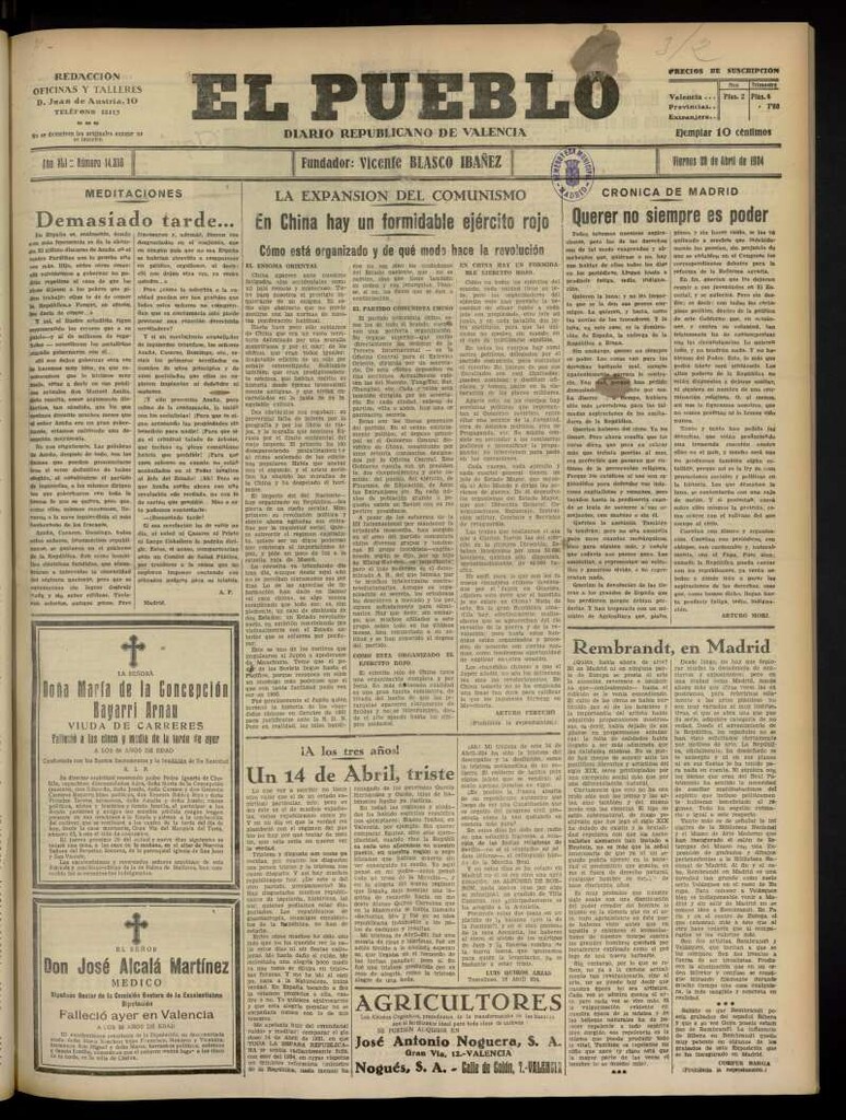 Miniatura de El Pueblo : Diario republicano de Valencia  del 20 de abril de 1934, nº 14.360
