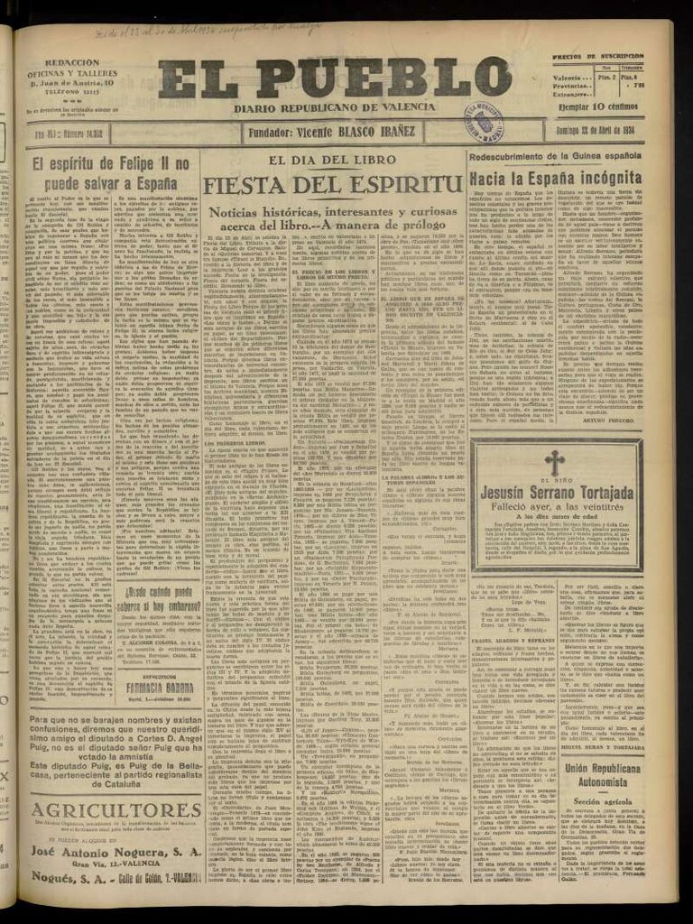 Miniatura de El Pueblo : Diario republicano de Valencia  del 22 de abril de 1934, nº 14.362