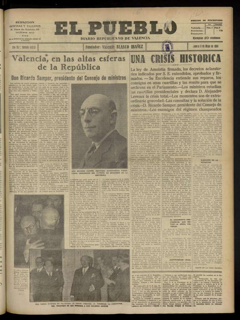 Miniatura de El Pueblo : Diario republicano de Valencia  del 3 de mayo de 1934, nº 14.363