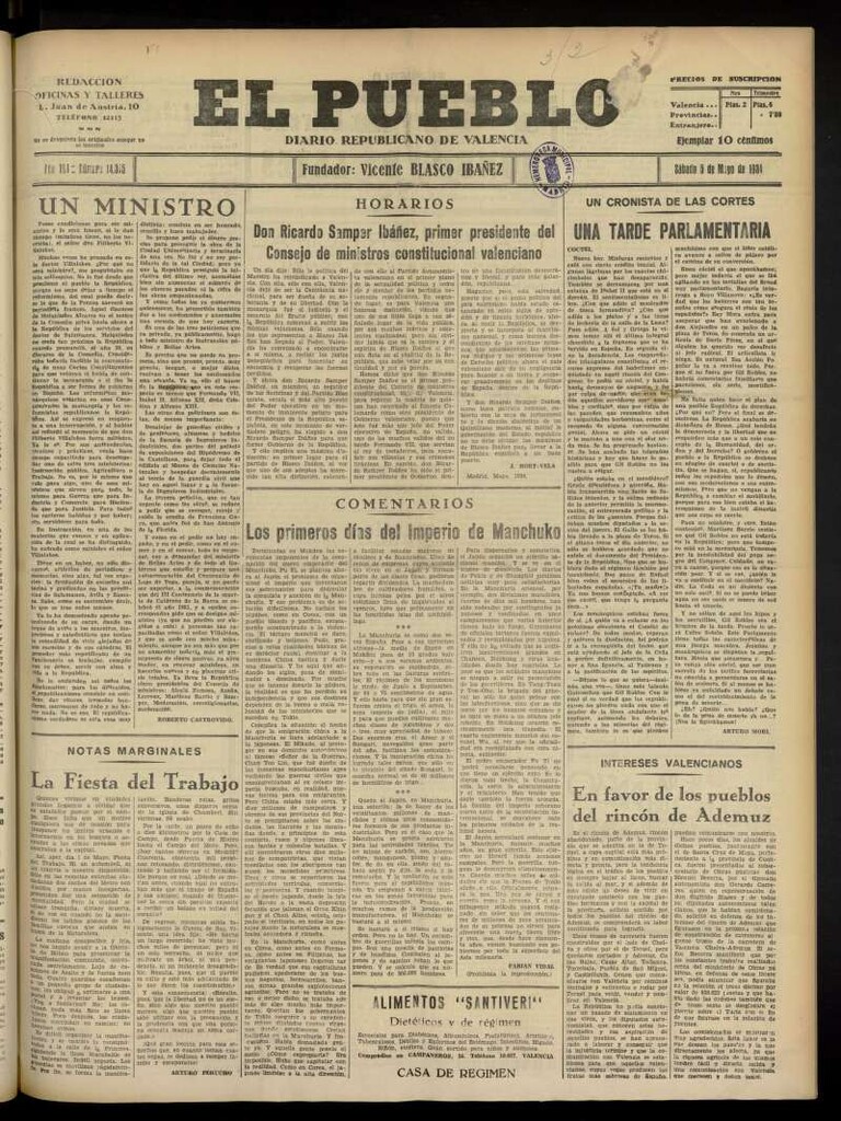 Miniatura de El Pueblo : Diario republicano de Valencia  del 5 de mayo de 1934, nº 14.365