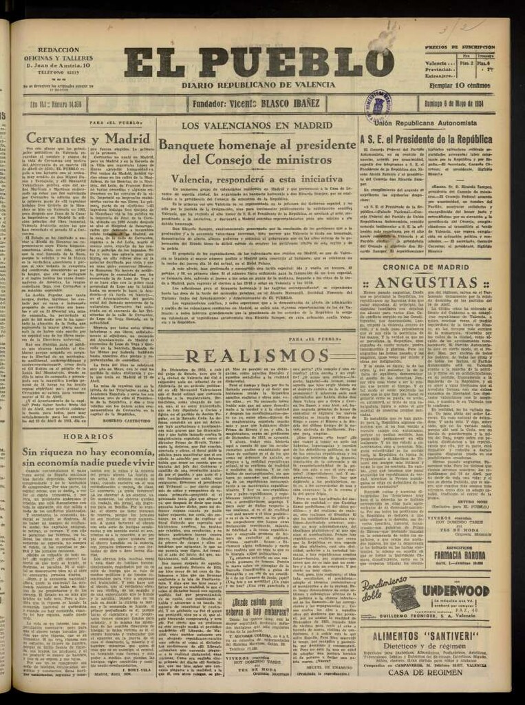 Miniatura de El Pueblo : Diario republicano de Valencia  del 6 de mayo de 1934, nº 14.366