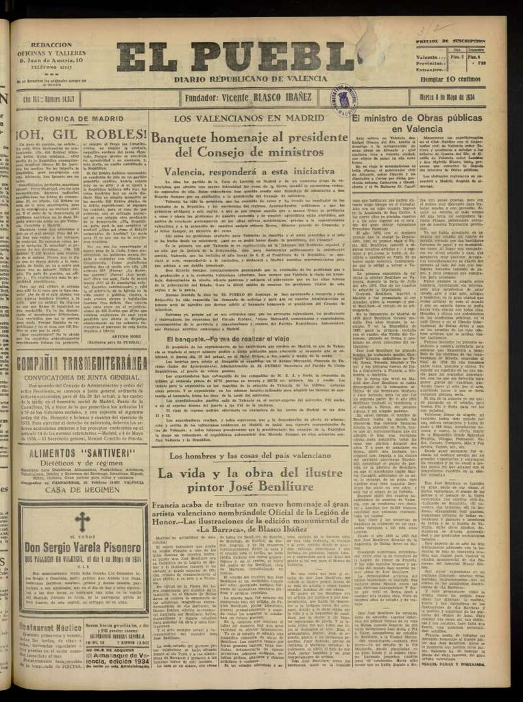 Miniatura de El Pueblo : Diario republicano de Valencia  del 8 de mayo de 1934, nº 14.367