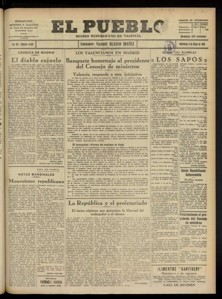 Miniatura de El Pueblo : Diario republicano de Valencia  del 9 de mayo de 1934, nº 14.368