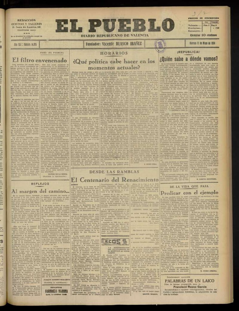 Miniatura de El Pueblo : Diario republicano de Valencia  del 11 de mayo de 1934, nº 14.370