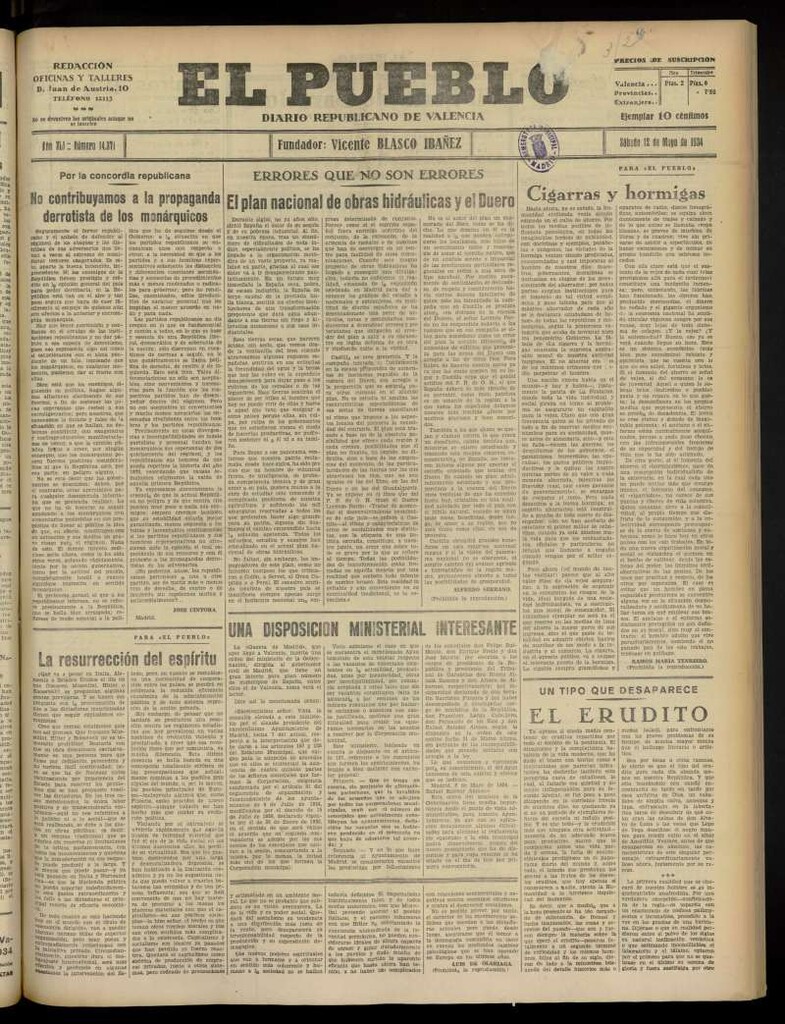 Miniatura de El Pueblo : Diario republicano de Valencia  del 12 de mayo de 1934, nº 14.371