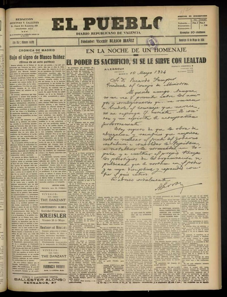 Miniatura de El Pueblo : Diario republicano de Valencia  del 13 de mayo de 1934, nº 14.372