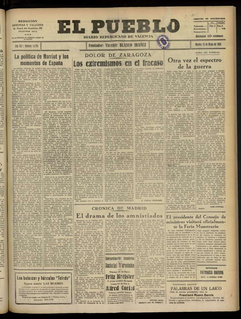 Miniatura de El Pueblo : Diario republicano de Valencia  del 15 de mayo de 1934, nº 14.373