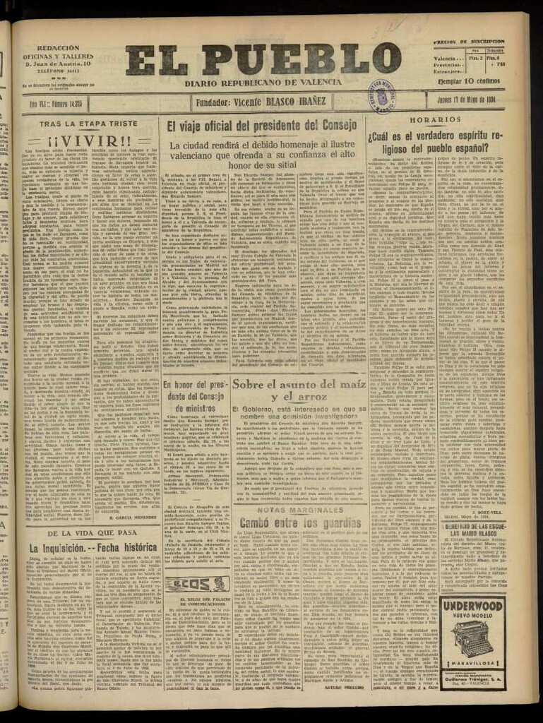 Miniatura de El Pueblo : Diario republicano de Valencia  del 17 de mayo de 1934,  nº 14.375