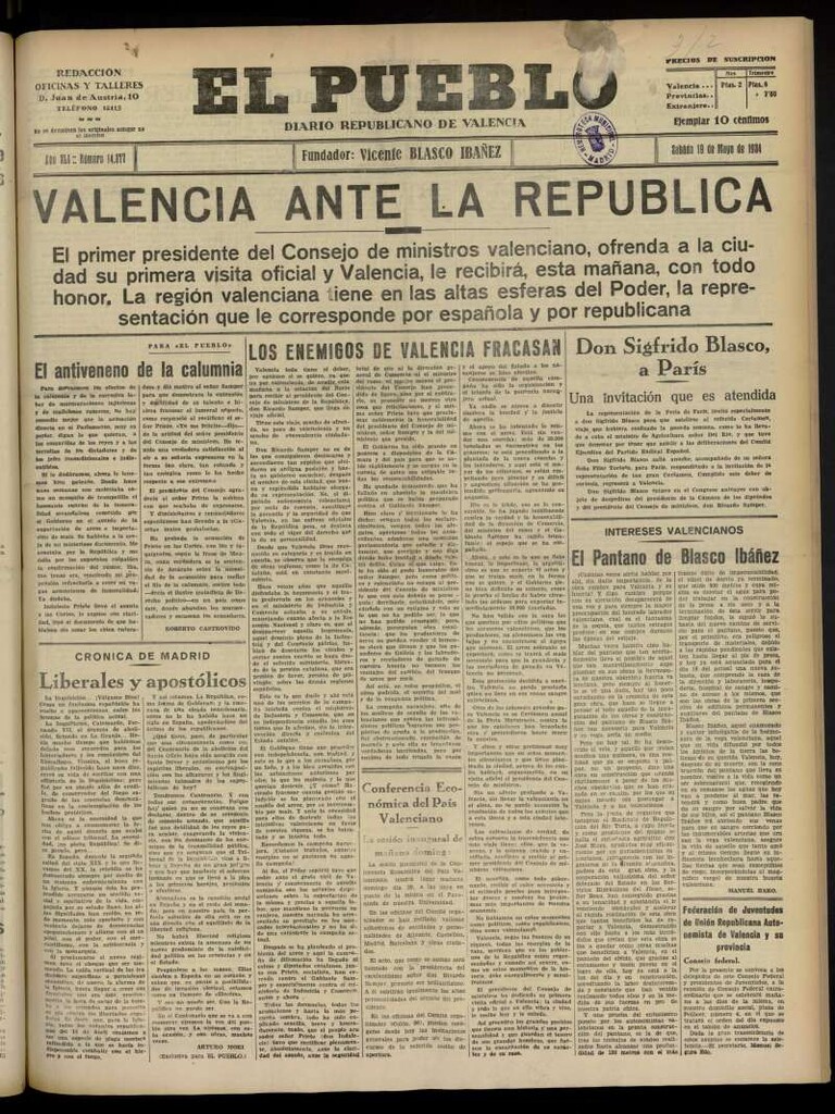 Miniatura de El Pueblo : Diario republicano de Valencia  del 19 de mayo de 1934, nº 14.377
