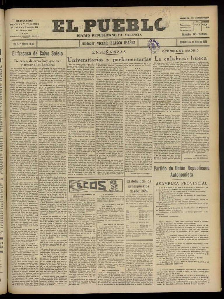 Miniatura de El Pueblo : Diario republicano de Valencia  del 23 de mayo de 1934, nº 14.380
