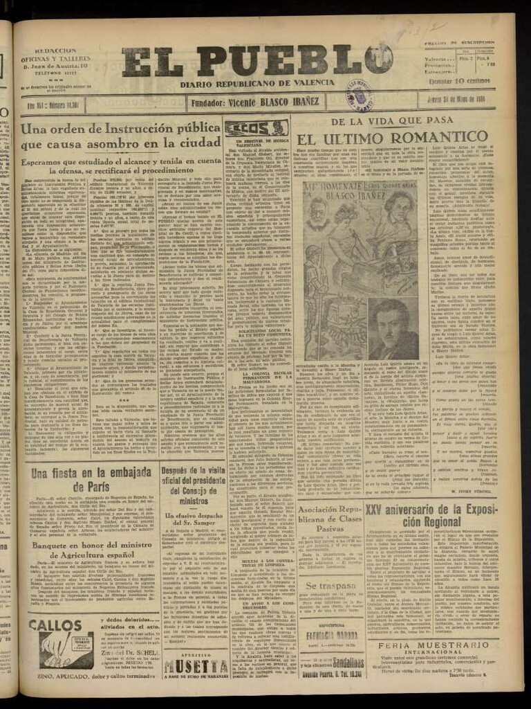 Miniatura de El Pueblo : Diario republicano de Valencia  del 24 de mayo de 1934, nº 14.381