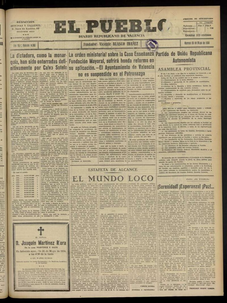 Miniatura de El Pueblo : Diario republicano de Valencia  del 25 de mayo de 1934, nº 14.382