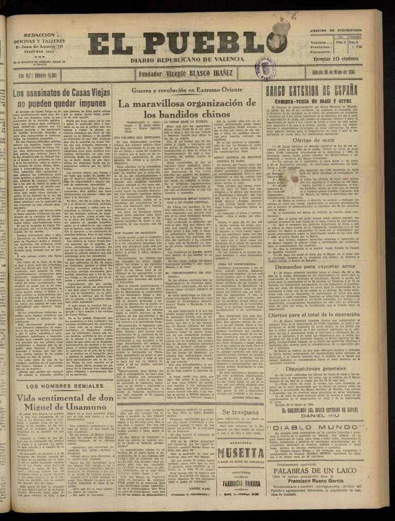 Miniatura de El Pueblo : Diario republicano de Valencia  del 26 de mayo de 1934, nº 14.383