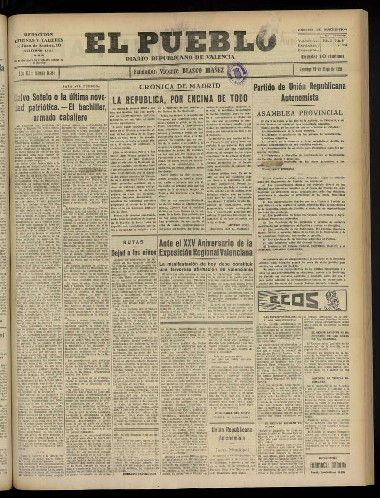 Miniatura de El Pueblo : Diario republicano de Valencia  del 27 de mayo de 1934, nº 14.384