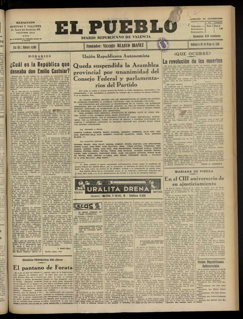 Miniatura de El Pueblo : Diario republicano de Valencia  del 30 de mayo de 1934, nº 14.386