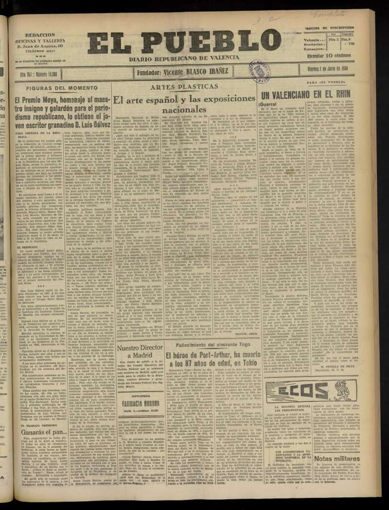 Miniatura de El Pueblo : Diario republicano de Valencia  del 1 de junio de 1934, nº 14.388