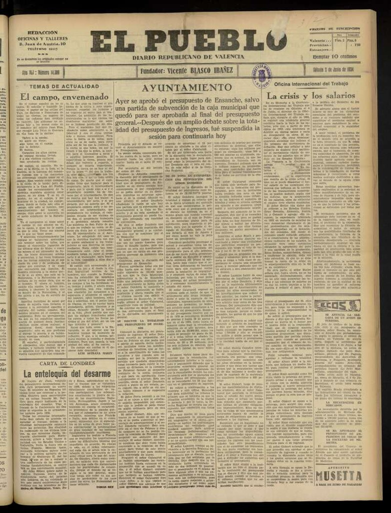 Miniatura de El Pueblo : Diario republicano de Valencia  del 2 de junio de 1934, nº 14.389