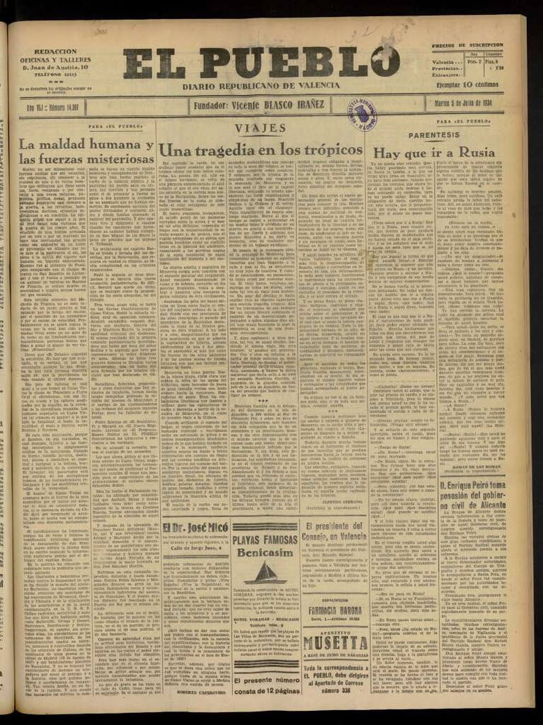 Miniatura de El Pueblo : Diario republicano de Valencia  del 5 de junio de 1934, nº 14.391