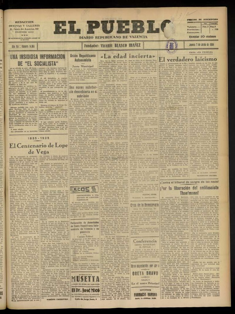 Miniatura de El Pueblo : Diario republicano de Valencia  del 7 de junio de 1934, nº 14.393