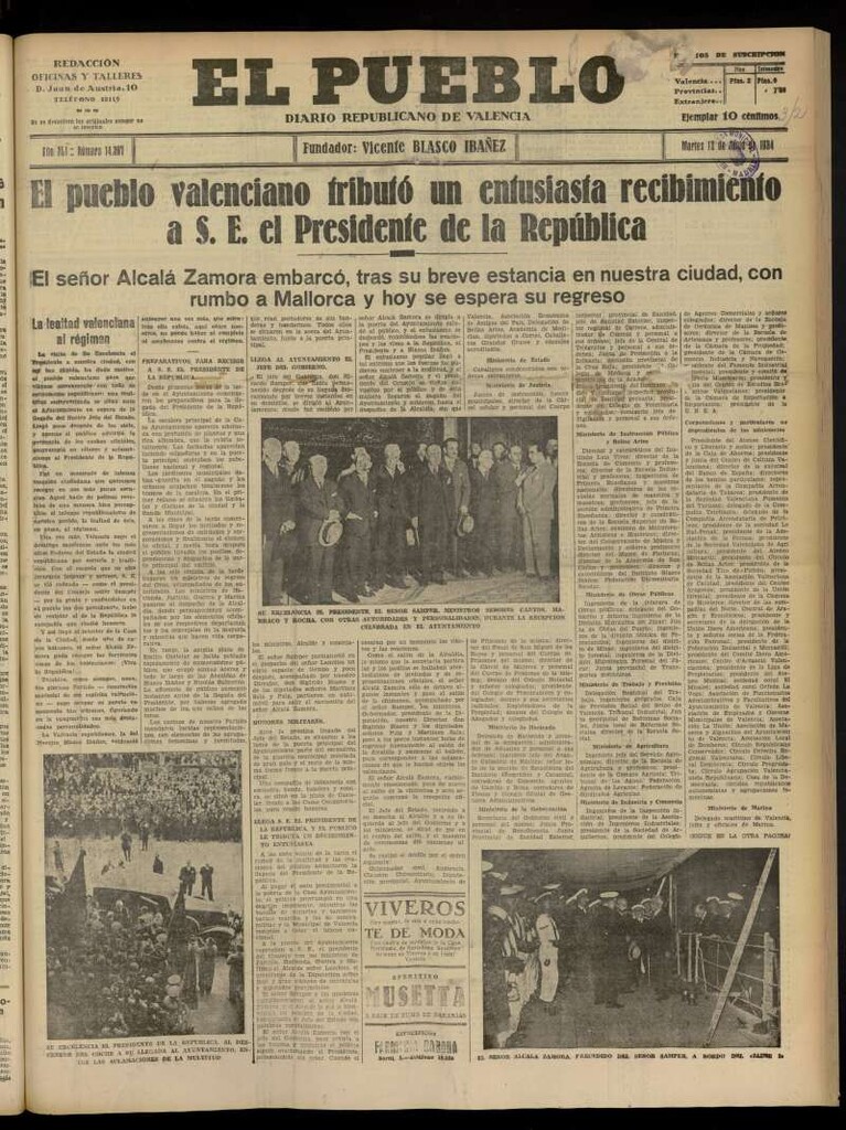 Miniatura de El Pueblo : Diario republicano de Valencia  del 12 de junio de 1934, nº 14.397